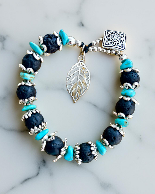 Pulseira Equilíbrio Essencial em Pedra Vulcânica e Howlita Turquesa