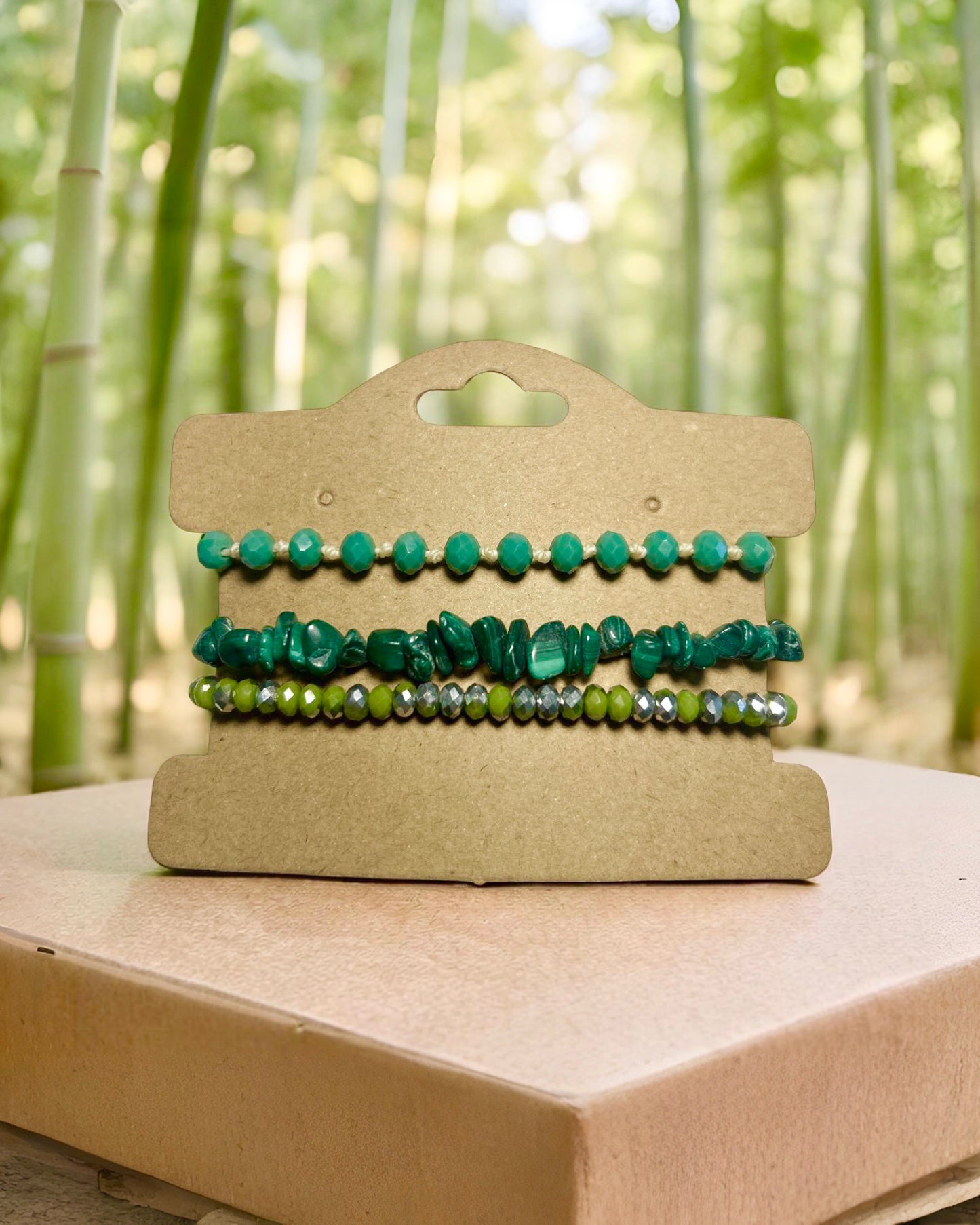 Trio de Pulseiras Malaquita - Proteção, Equilíbrio e Renovação.