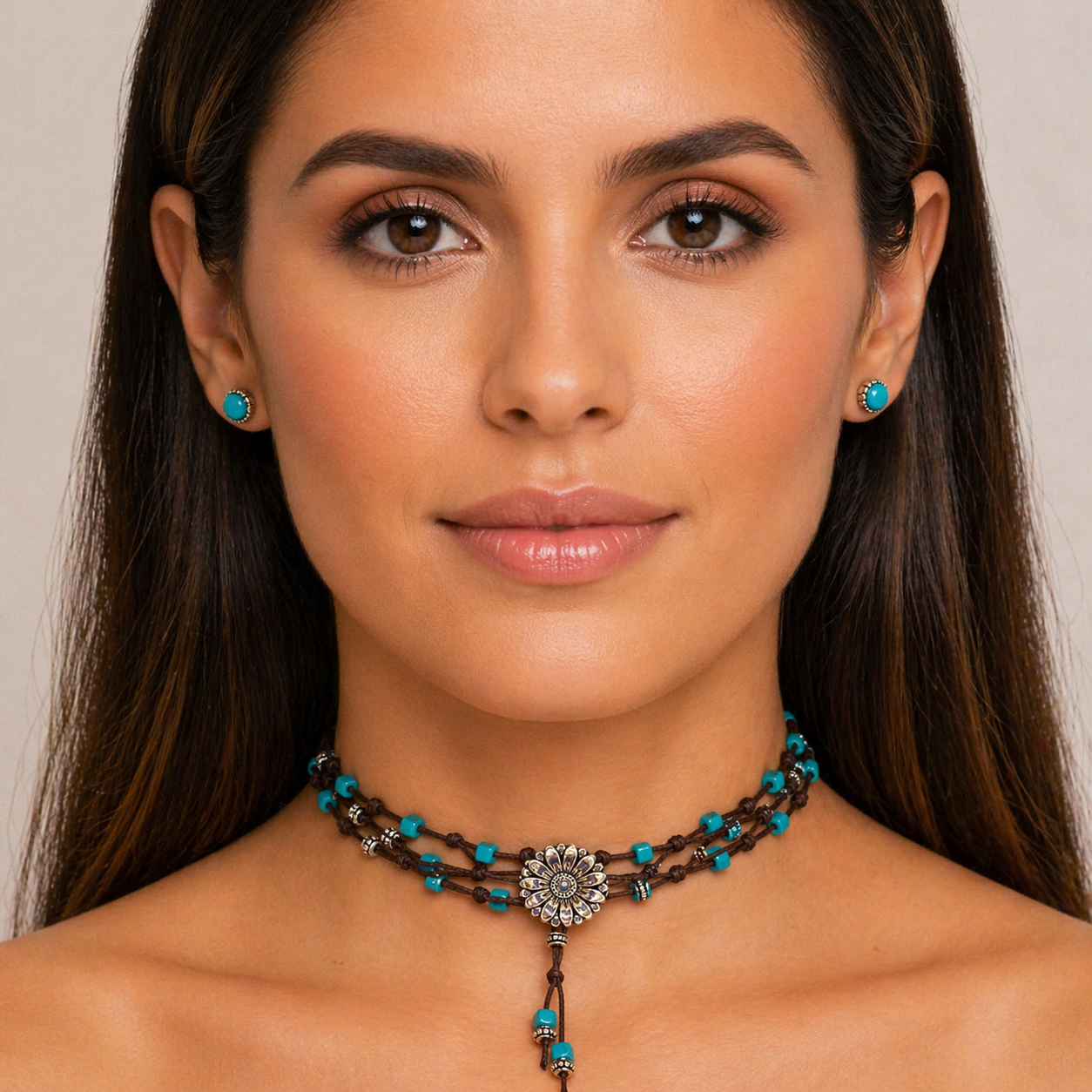 Conjunto — Gargantilha + Brincos em Howlita Turquesa & Prata